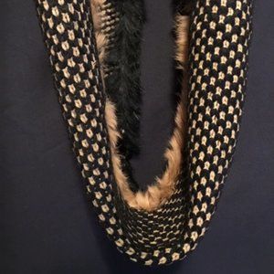 INFINITY SCARF - Black & Camel - Faux Fur Trim NWT